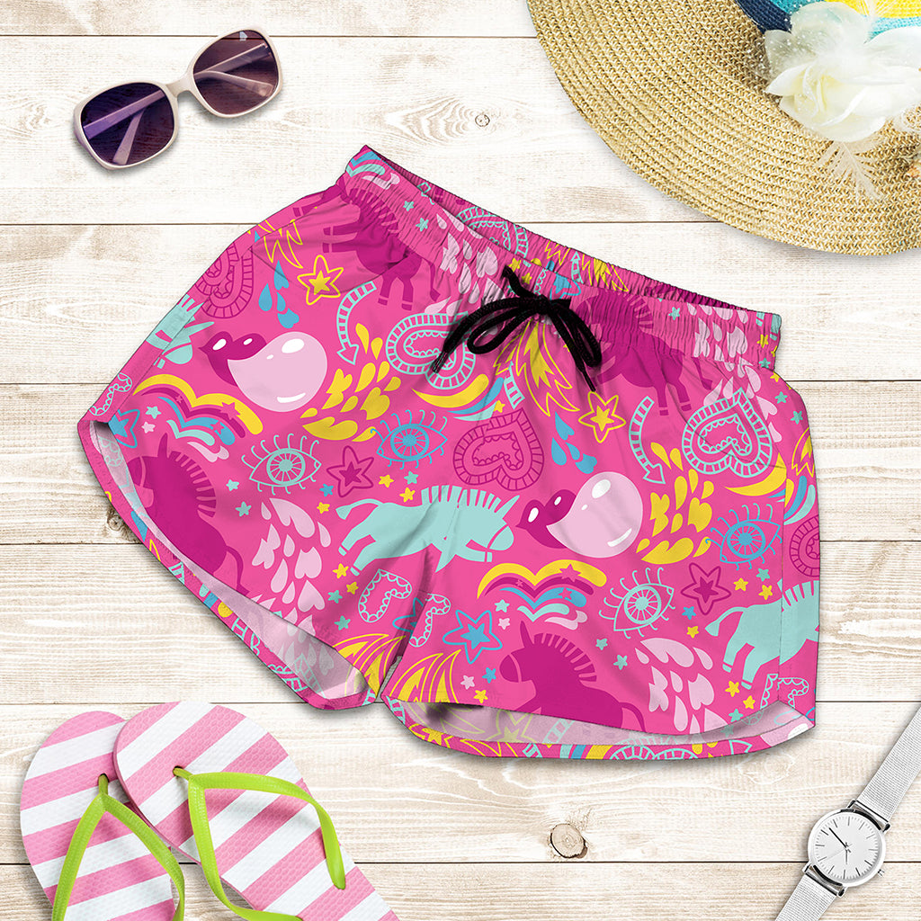 Pink Girly Unicorn Print Women's Shorts