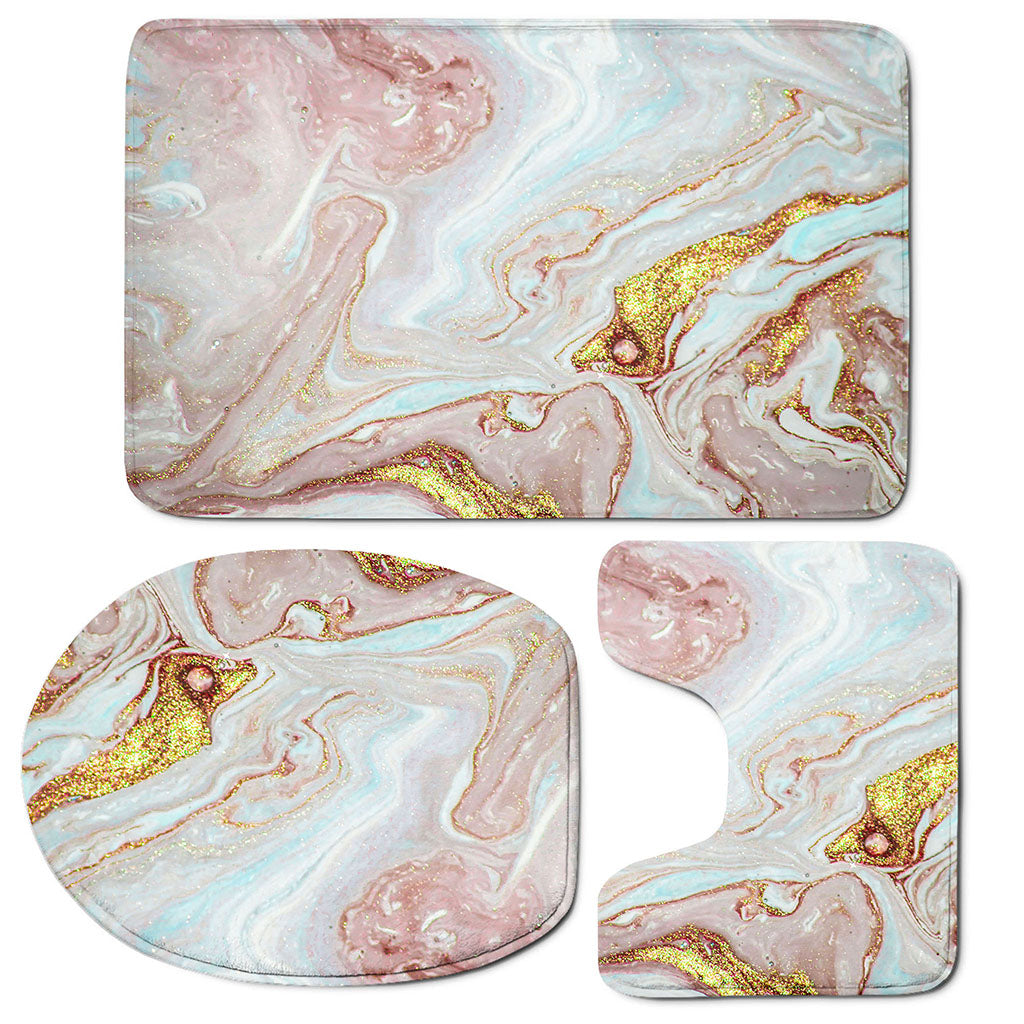 Pink Gold Liquid Marble Print 3 Piece Bath Mat Set