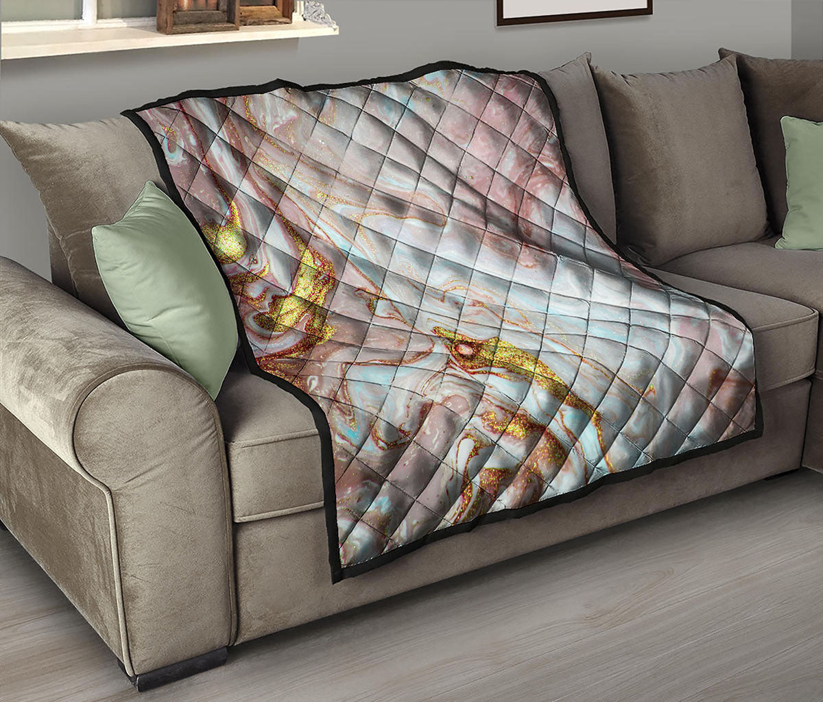 Pink Gold Liquid Marble Print Quilt