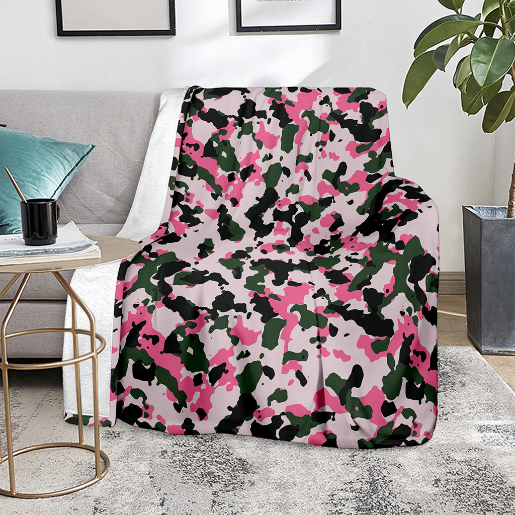 Pink Green And Black Camouflage Print Blanket