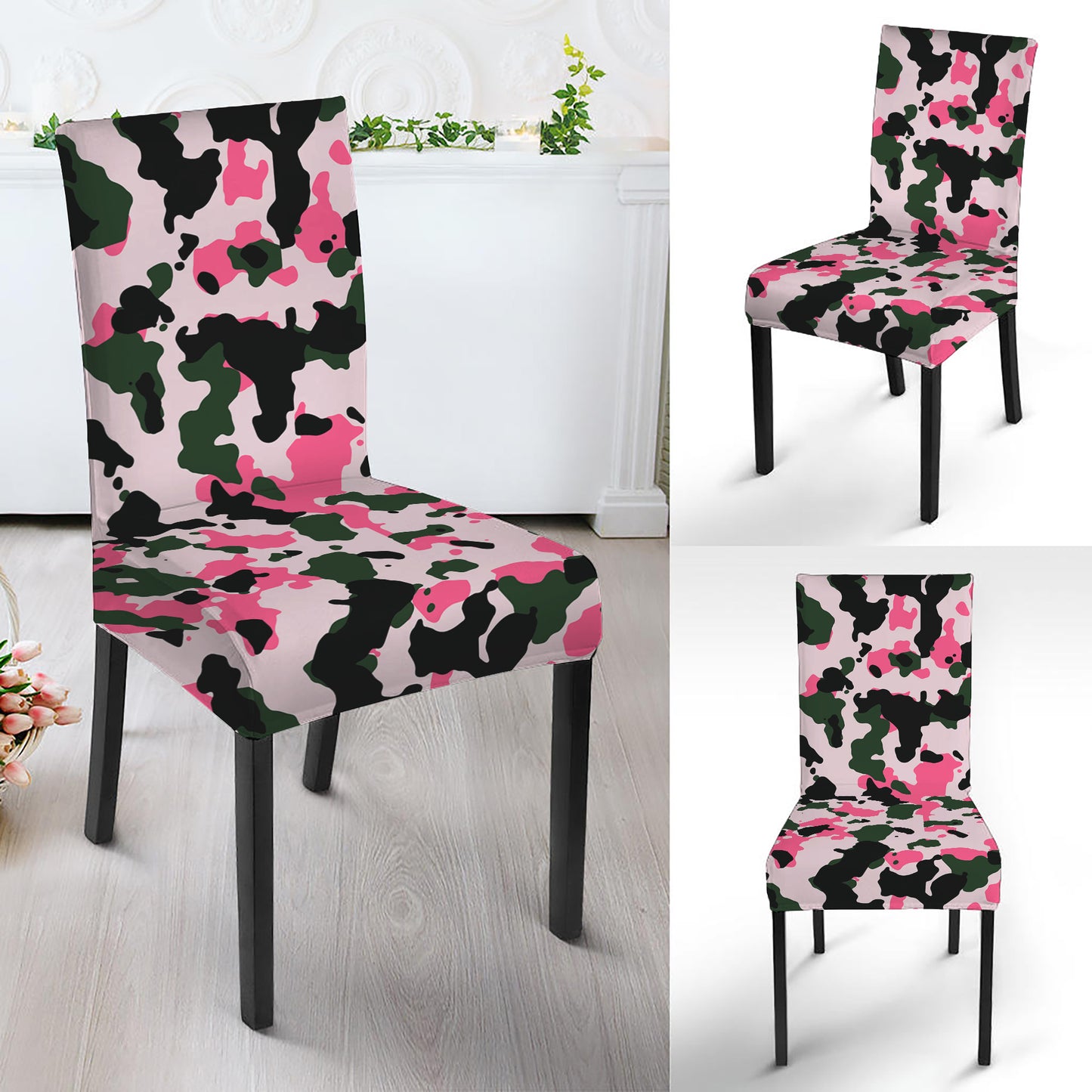 Pink Green And Black Camouflage Print Dining Chair Slipcover