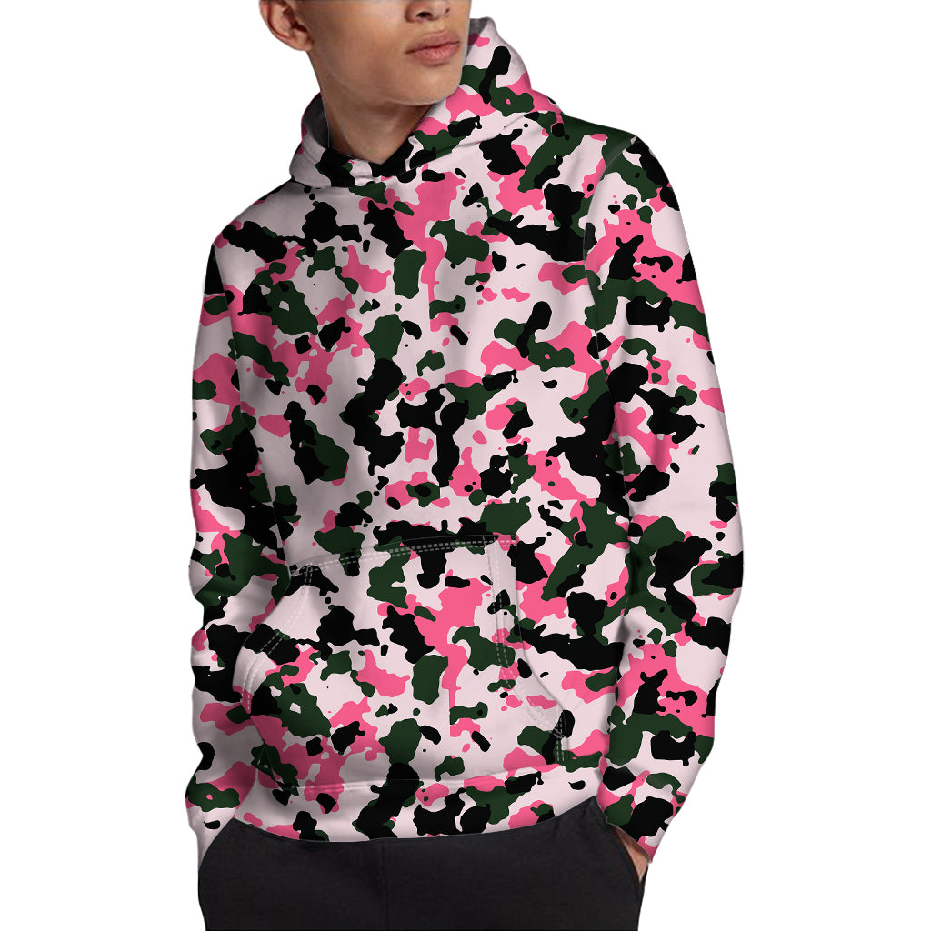 Pink Green And Black Camouflage Print Pullover Hoodie