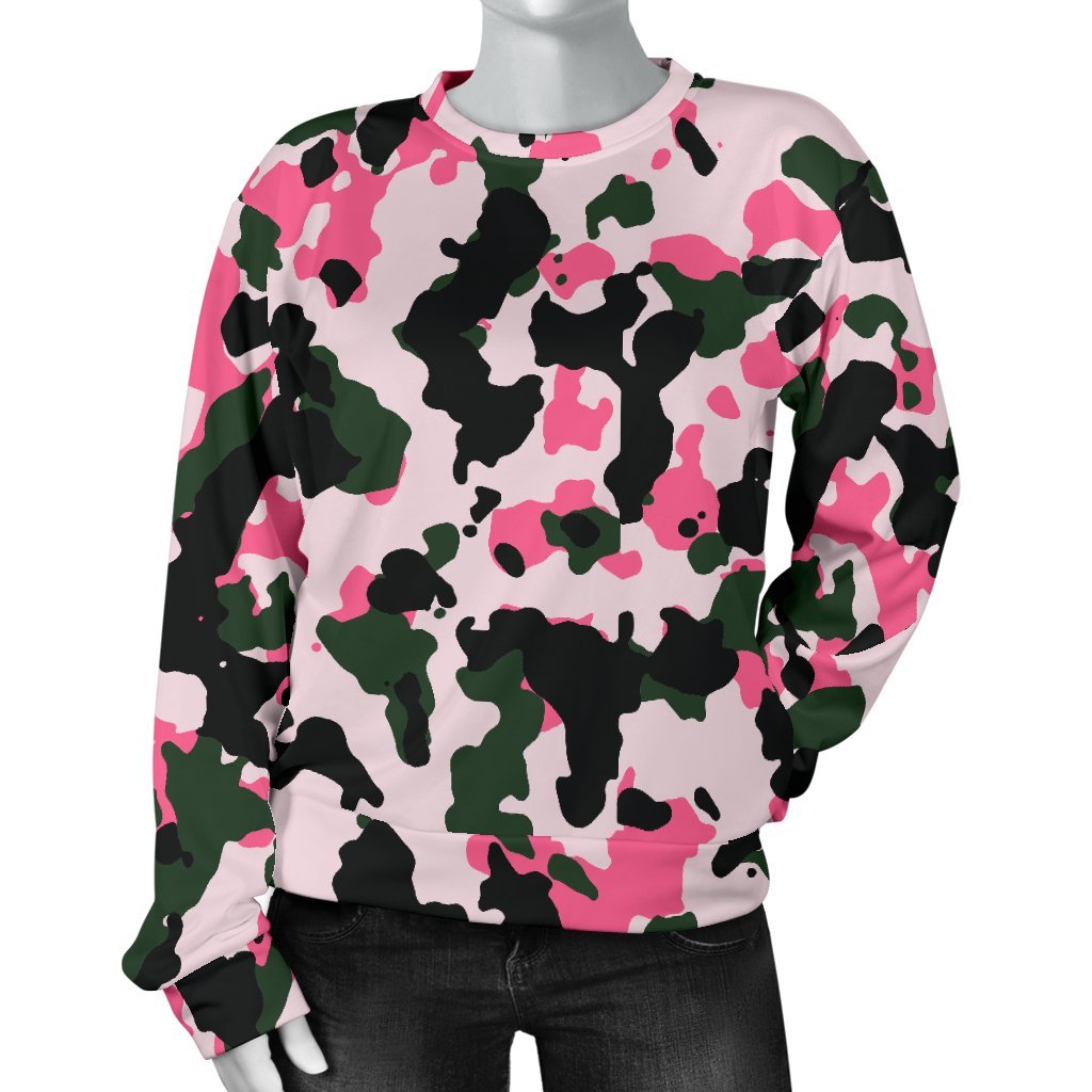Pink Green And Black Camouflage Print Women's Crewneck Sweatshirt GearFrost