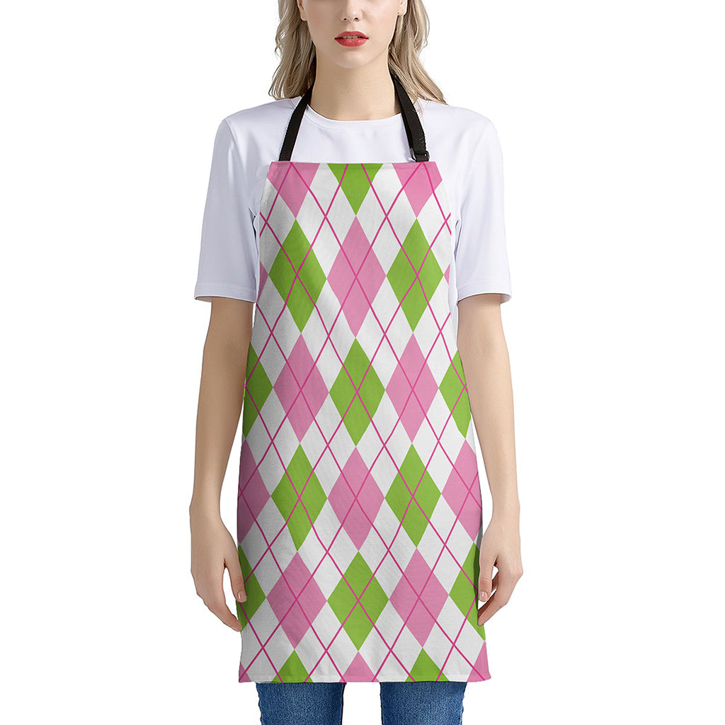 Pink Green And White Argyle Print Apron