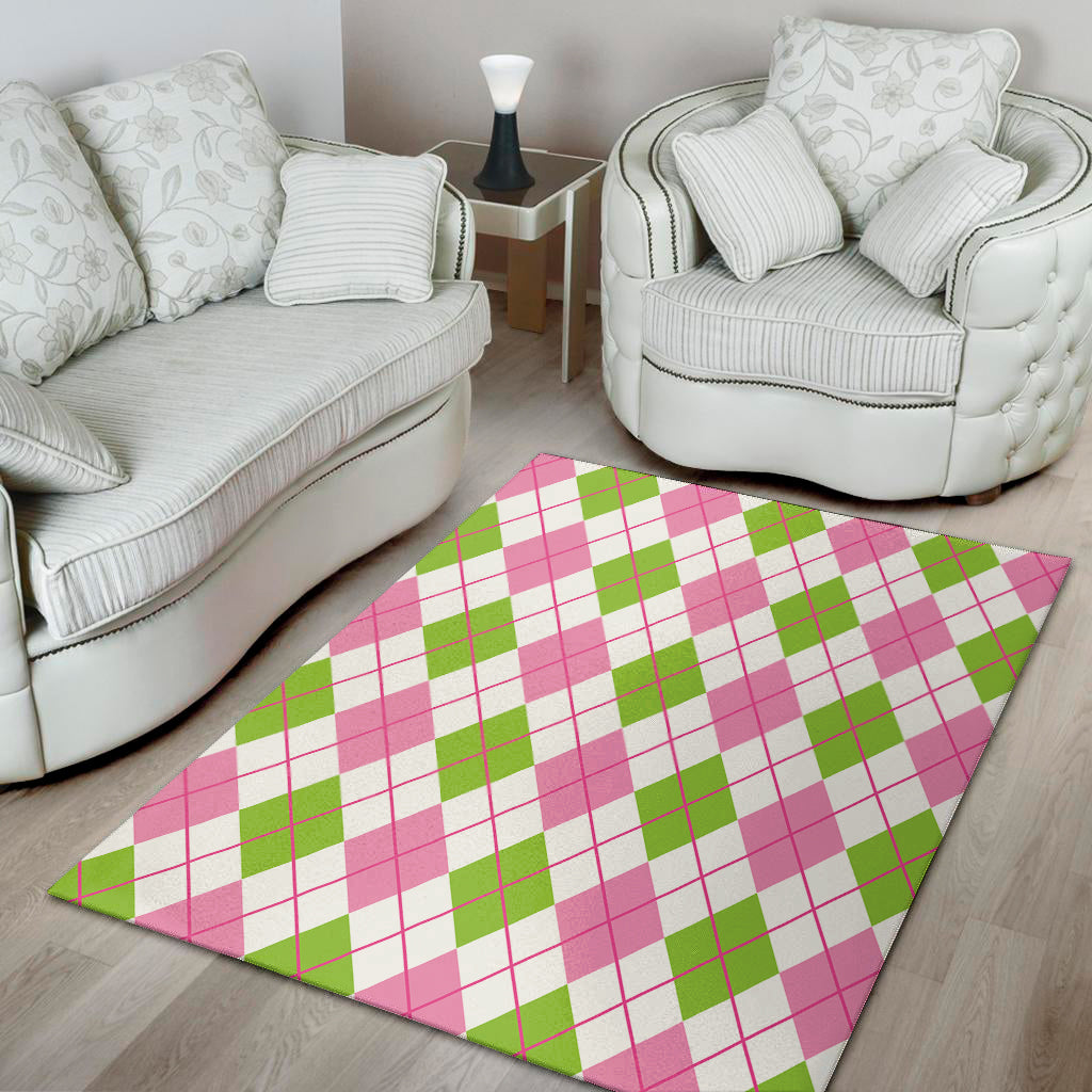 Pink Green And White Argyle Print Area Rug
