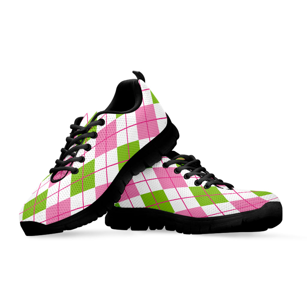 Pink Green And White Argyle Print Black Sneakers