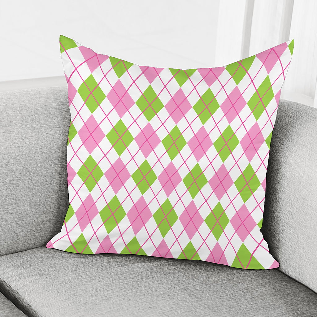Pink Green And White Argyle Print Pillow Cover