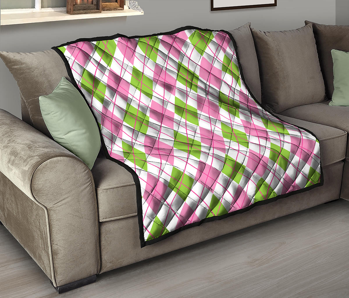 Pink Green And White Argyle Print Quilt