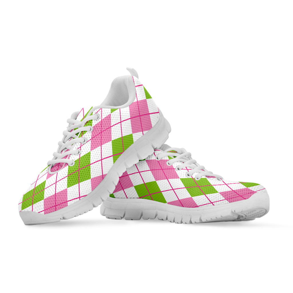 Pink Green And White Argyle Print White Sneakers