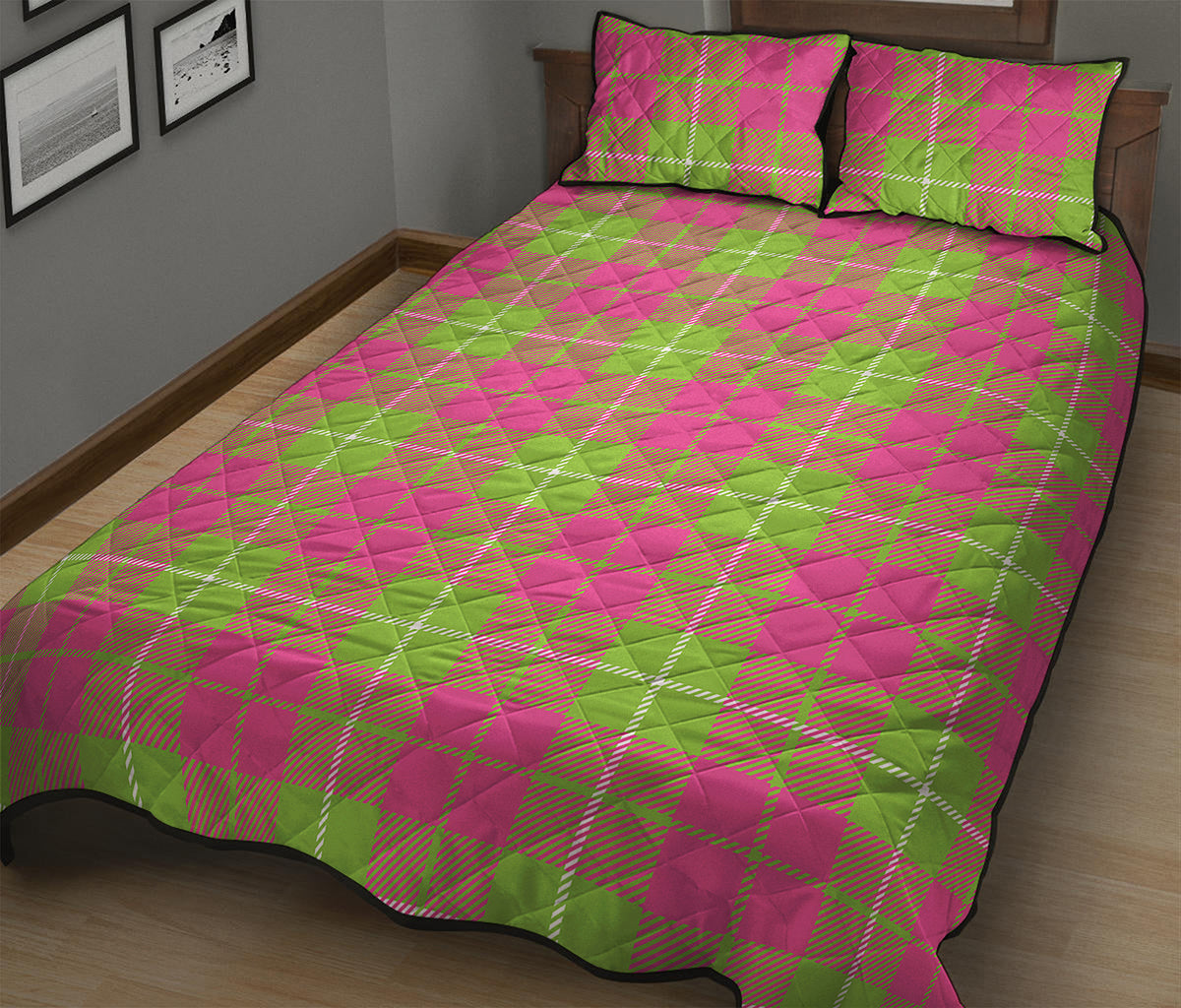 Pink Green And White Tartan Print Quilt Bed Set