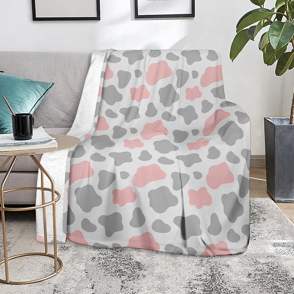 Pink Grey And White Cow Print Blanket