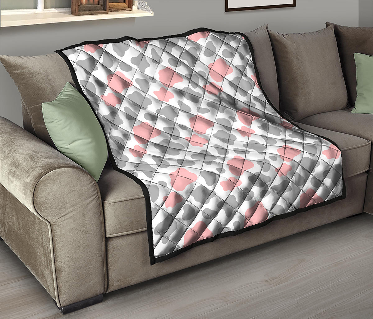 Pink Grey And White Cow Print Quilt