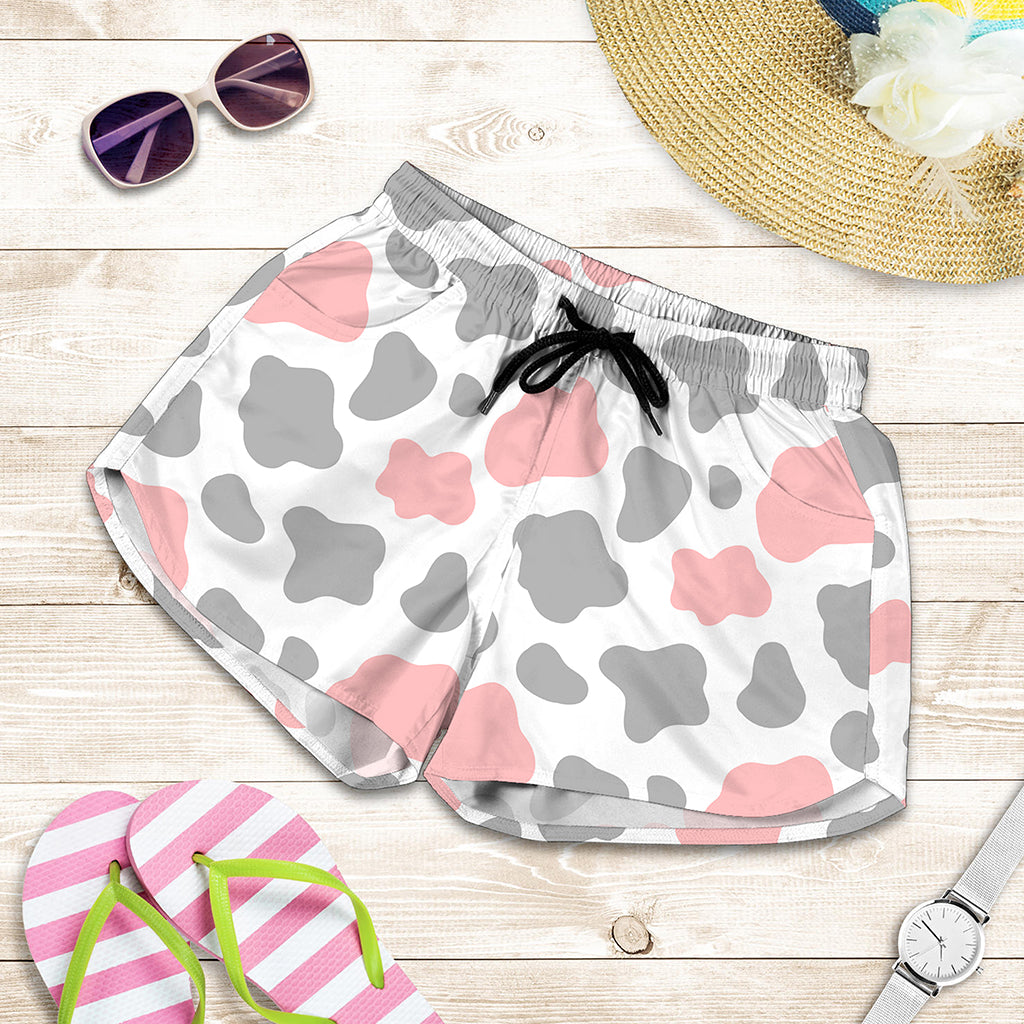 Pink Grey And White Cow Print Women's Shorts