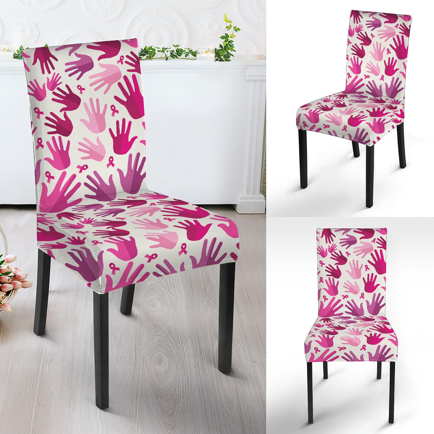 Pink Hand Breast Cancer Pattern Print Dining Chair Slipcover