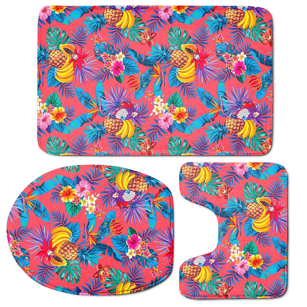 Pink Hawaiian Fruits Pattern Print 3 Piece Bath Mat Set