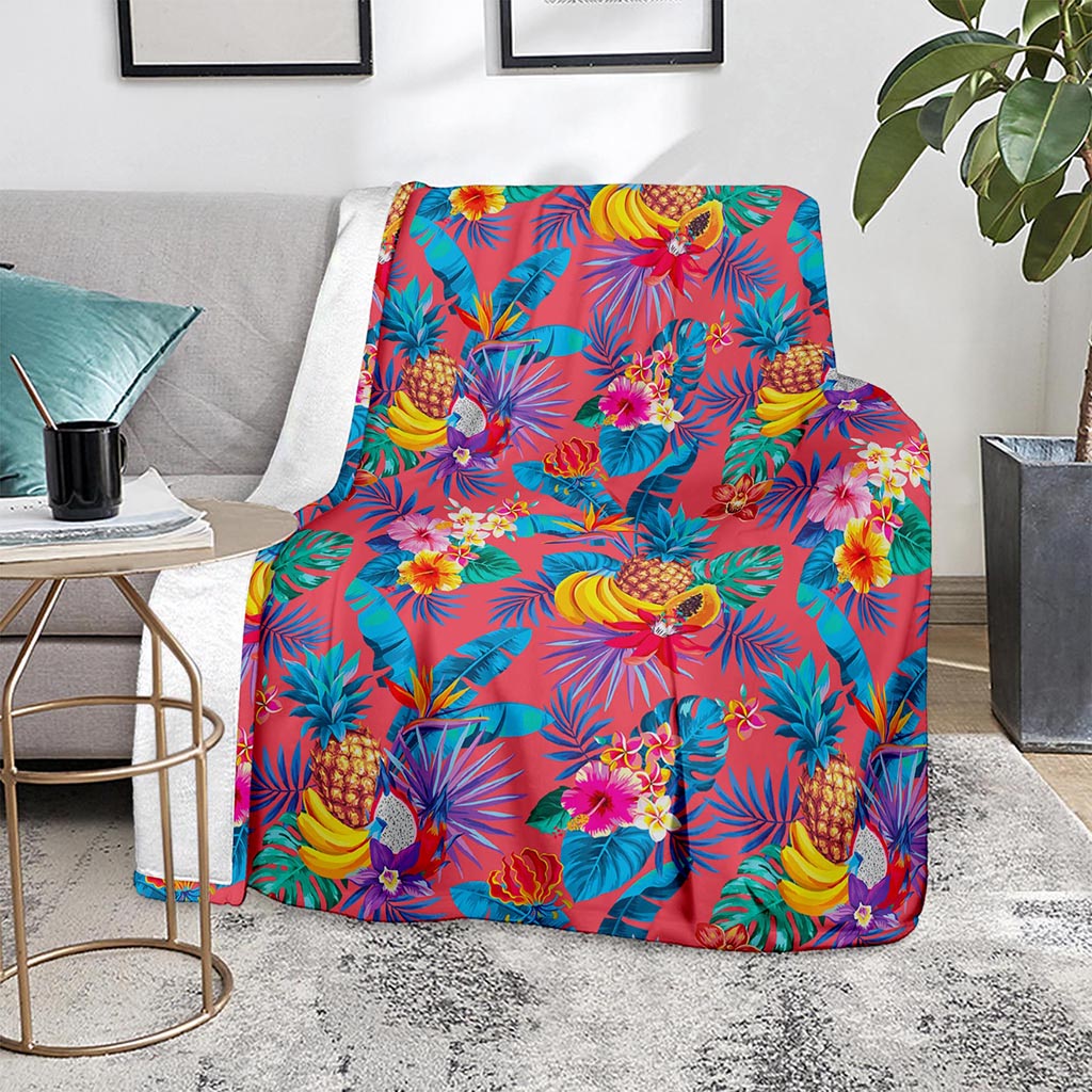Pink Hawaiian Fruits Pattern Print Blanket