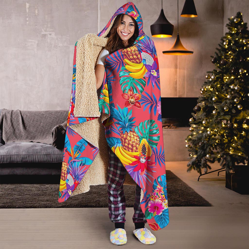Pink Hawaiian Fruits Pattern Print Hooded Blanket