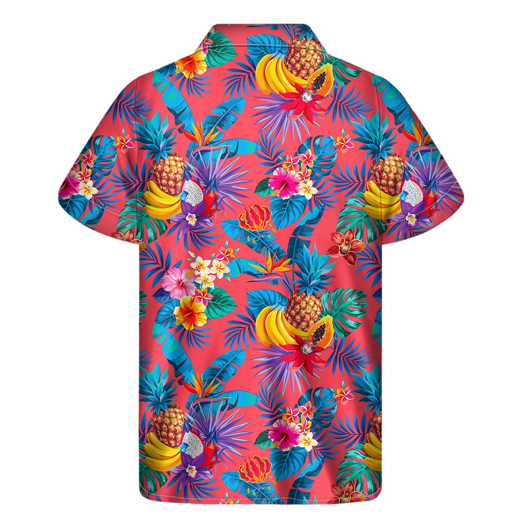 Pink Hawaiian Fruits Pattern Print Men's Short Sleeve Shirt