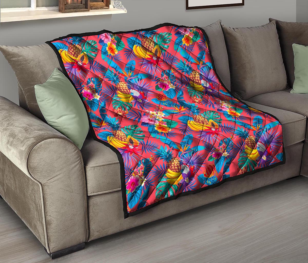 Pink Hawaiian Fruits Pattern Print Quilt