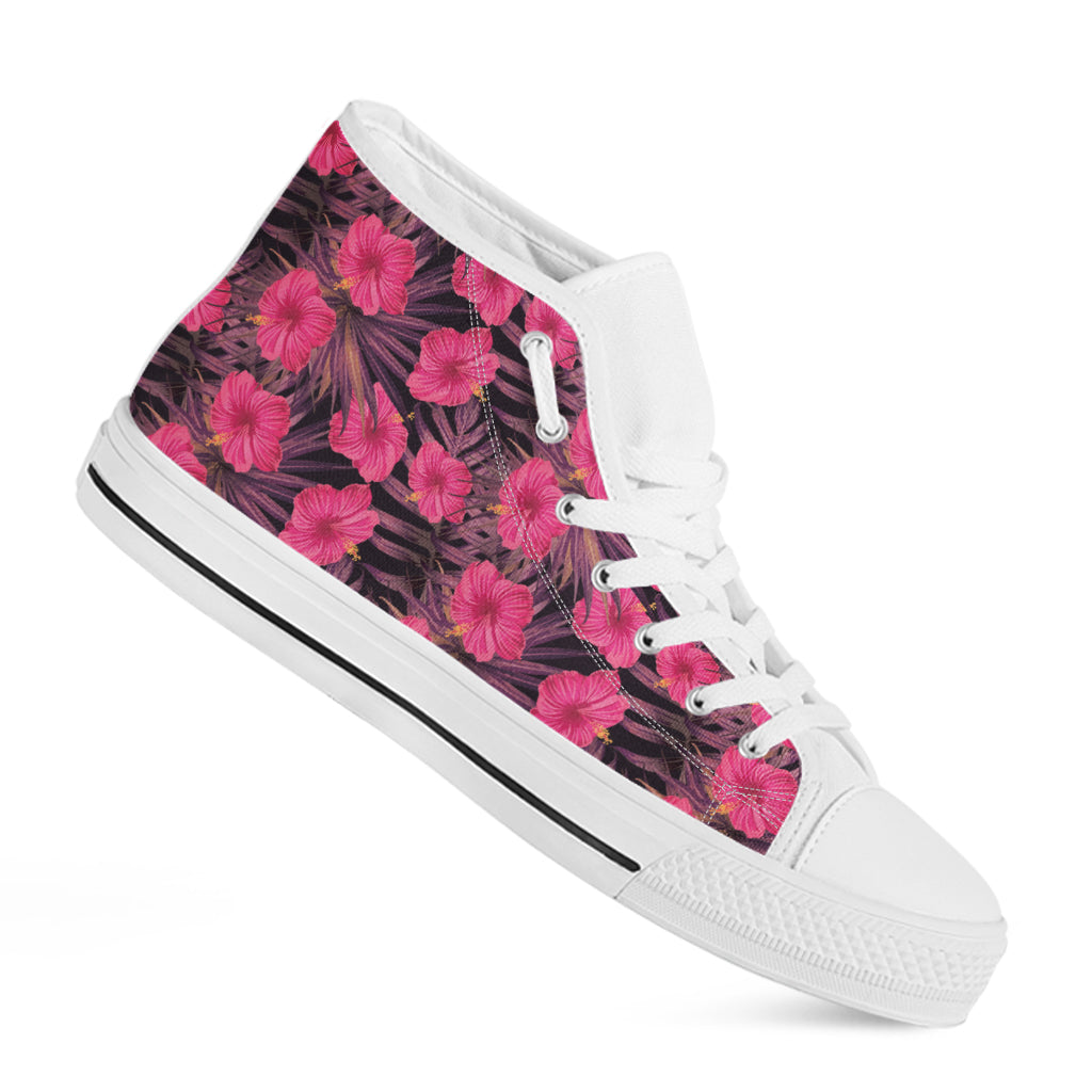 Pink Hawaiian Hibiscus Pattern Print White High Top Shoes