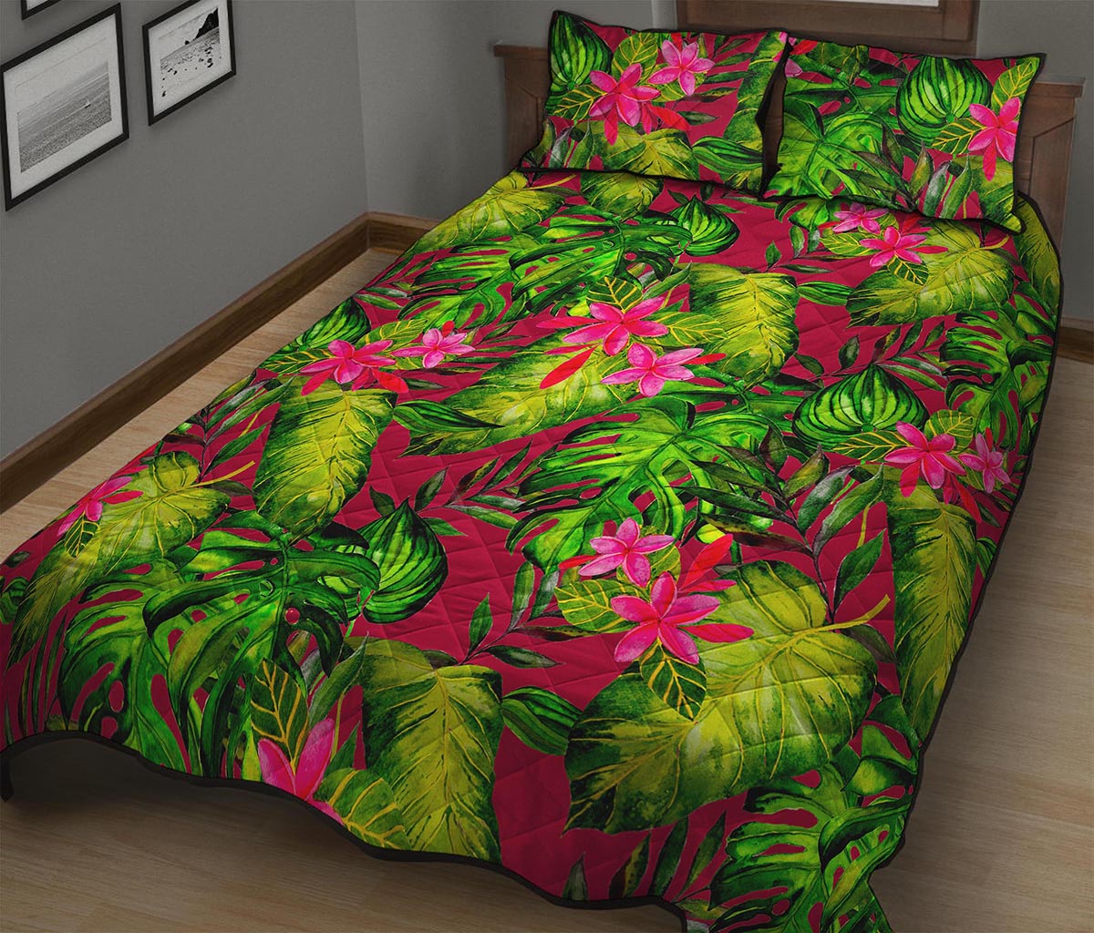 Pink Hawaiian Tropical Pattern Print Quilt Bed Set