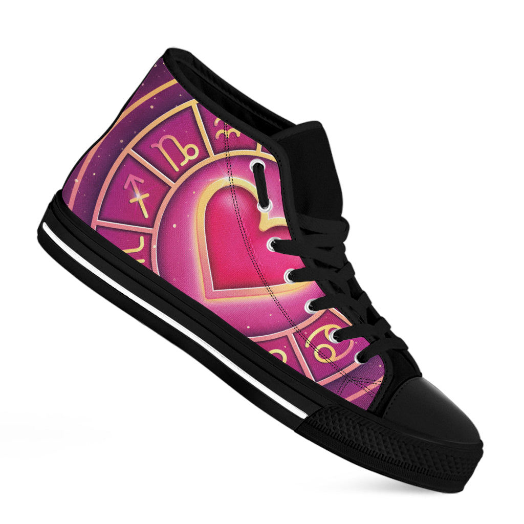 Pink Heart Zodiac Wheel Print Black High Top Shoes