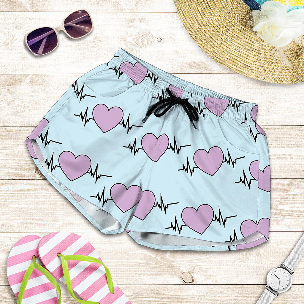 Pink Heartbeat Pattern Print Women's Shorts