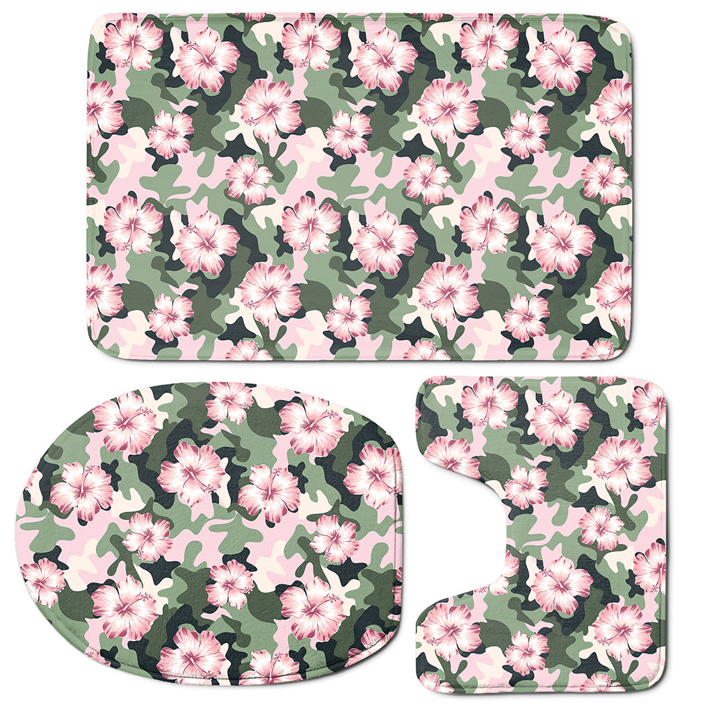 Pink Hibiscus Flower Camouflage Print 3 Piece Bath Mat Set