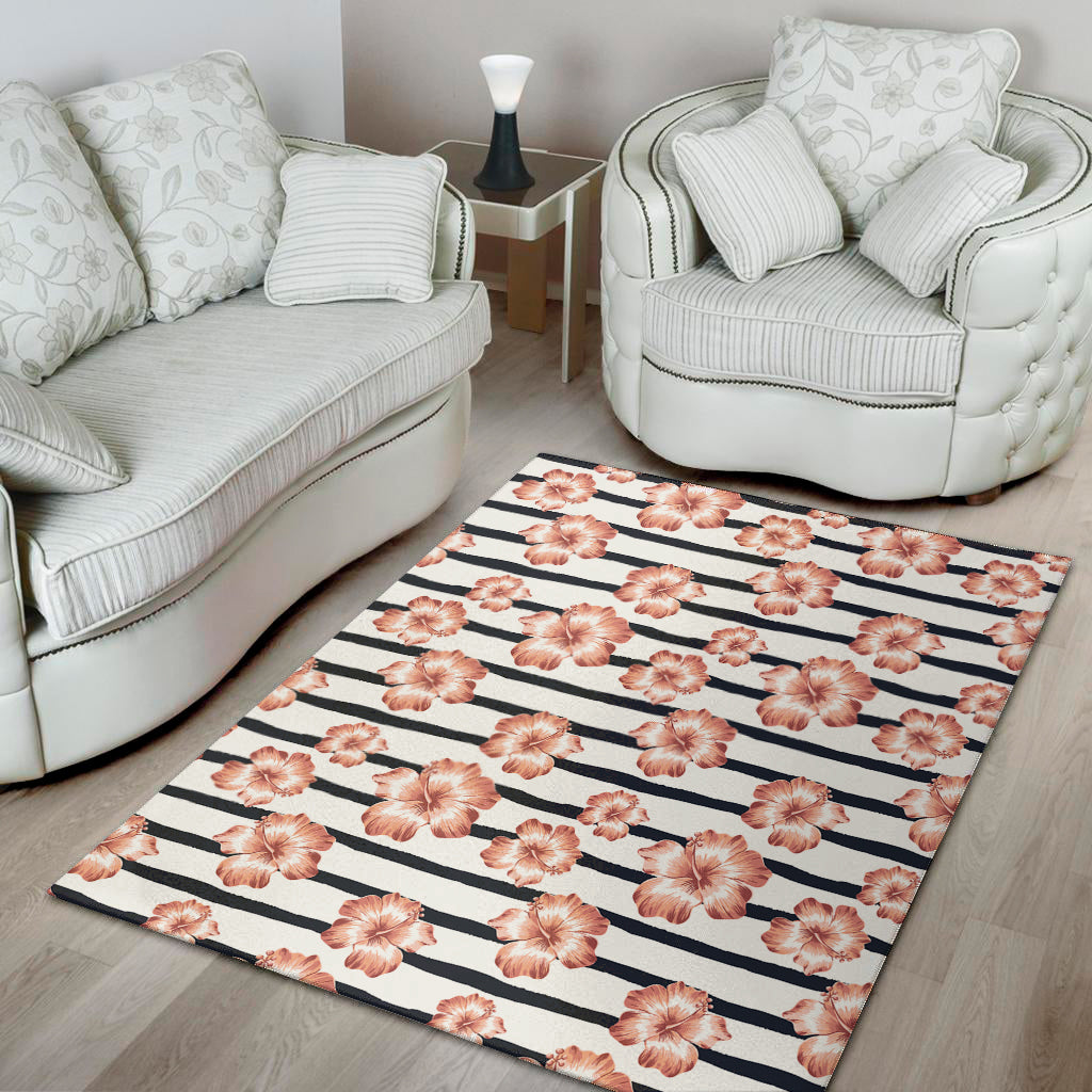 Pink Hibiscus Striped Pattern Print Area Rug