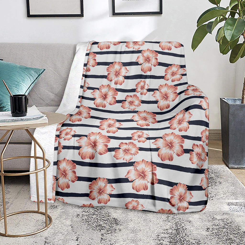 Pink Hibiscus Striped Pattern Print Blanket