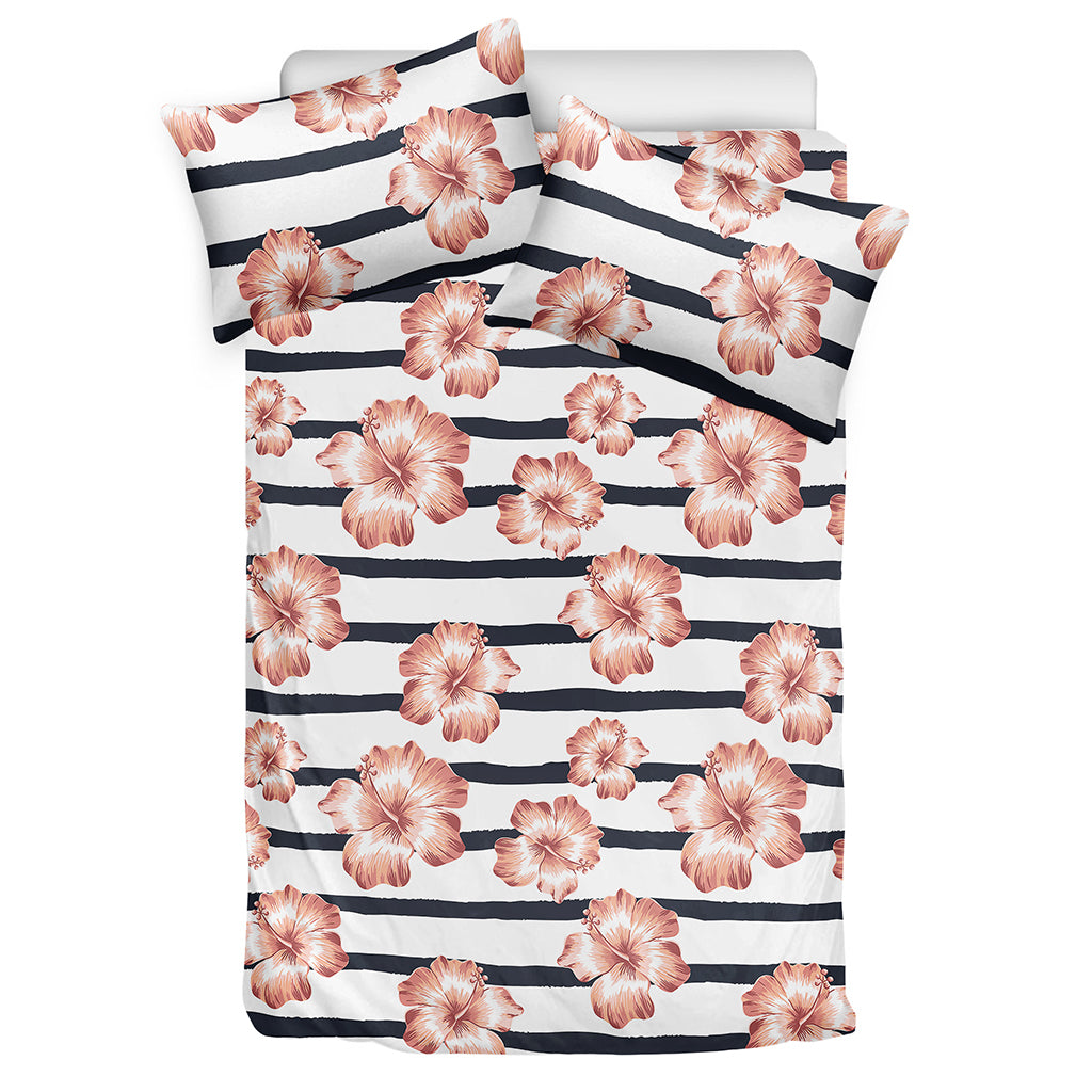 Pink Hibiscus Striped Pattern Print Duvet Cover Bedding Set