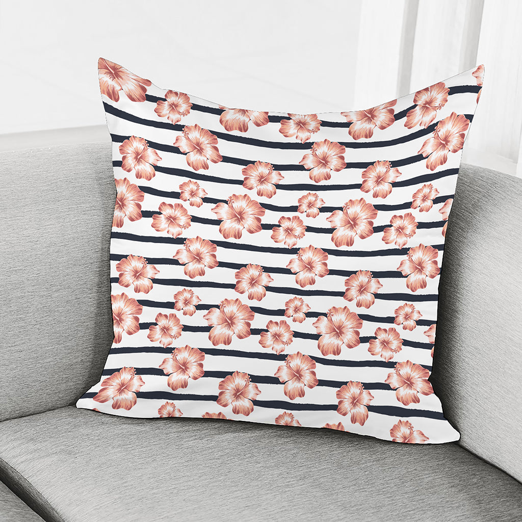 Pink Hibiscus Striped Pattern Print Pillow Cover