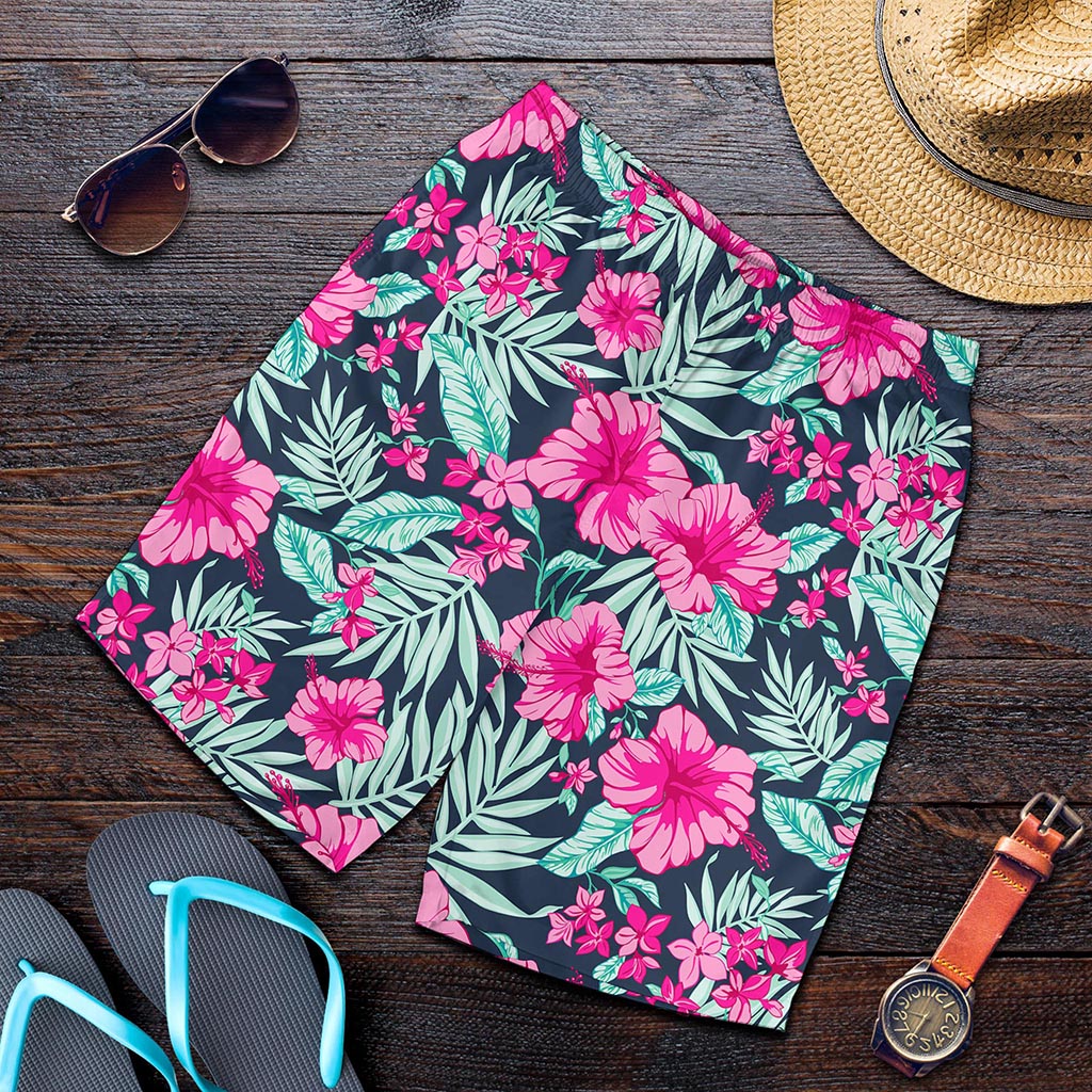 Pink Hibiscus Tropical Pattern Print Men's Shorts