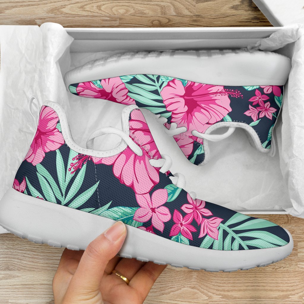 Pink Hibiscus Tropical Pattern Print Mesh Knit Shoes GearFrost