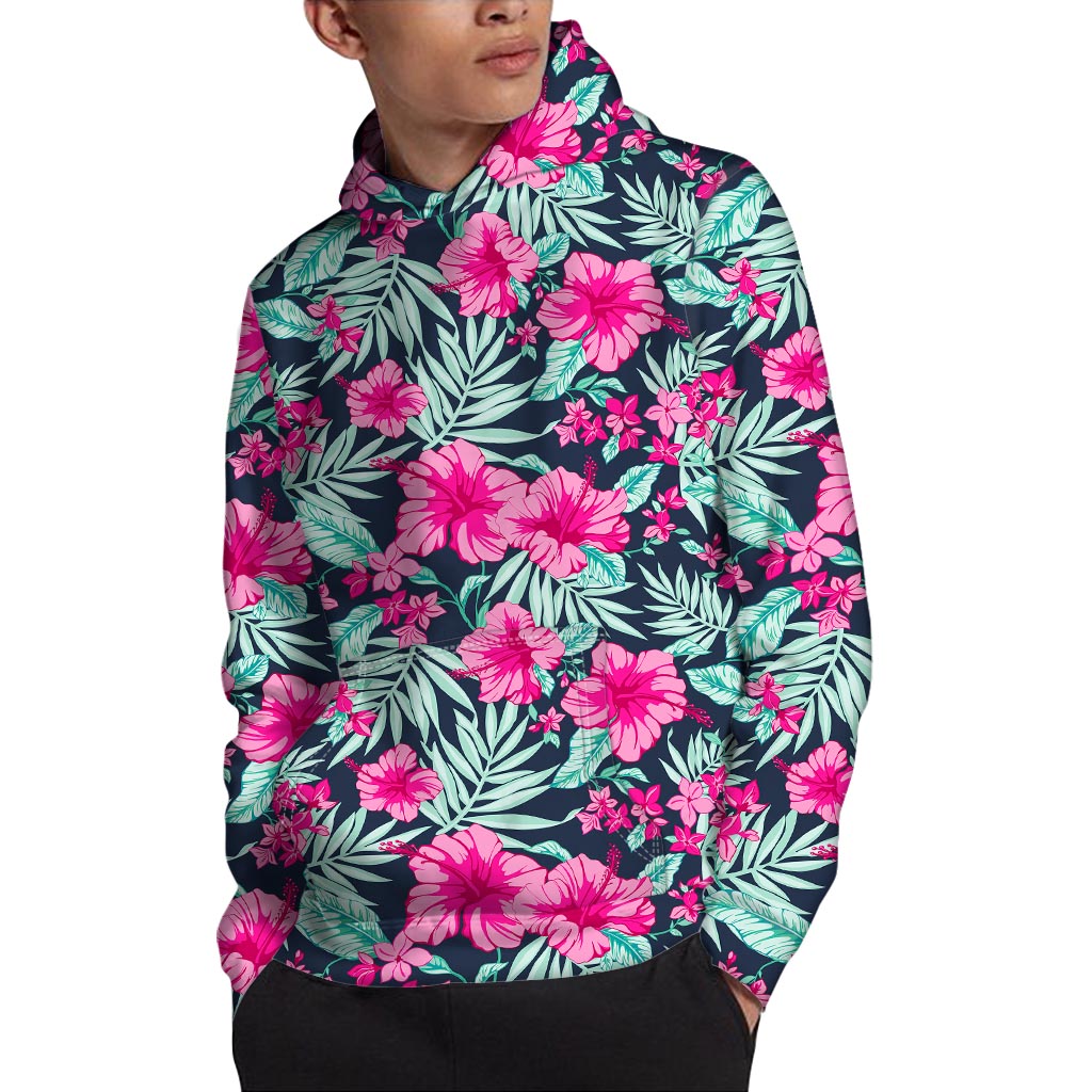 Pink Hibiscus Tropical Pattern Print Pullover Hoodie