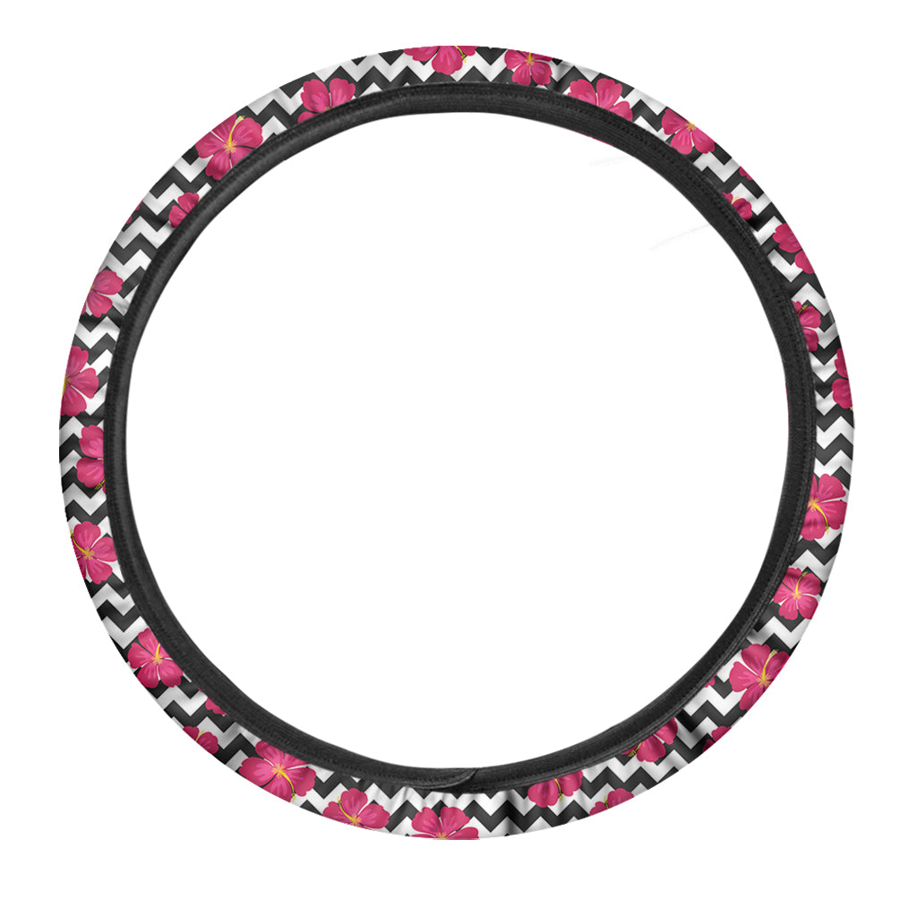 Pink Hibiscus Zigzag Pattern Print Car Steering Wheel Cover