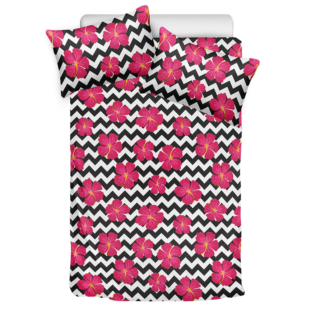 Pink Hibiscus Zigzag Pattern Print Duvet Cover Bedding Set