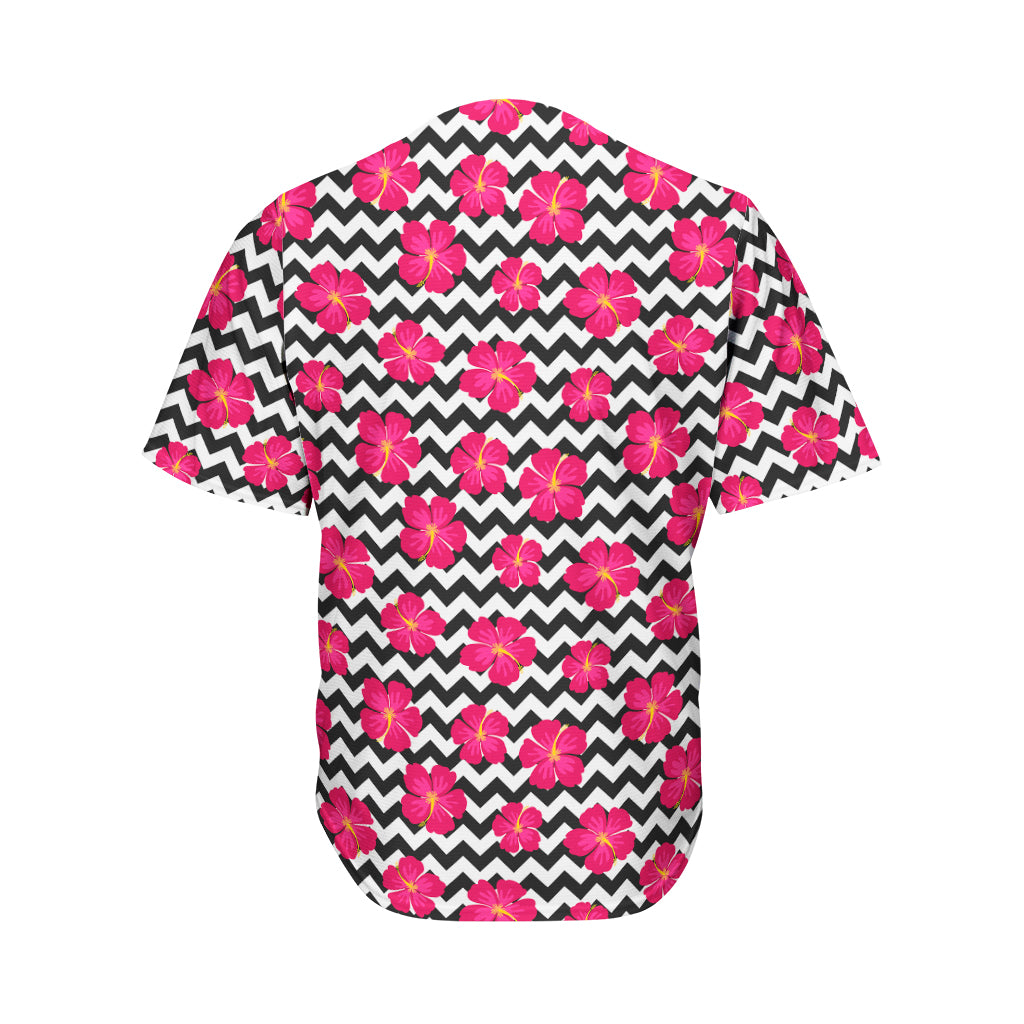 Pink Hibiscus Zigzag Pattern Print Men's Baseball Jersey