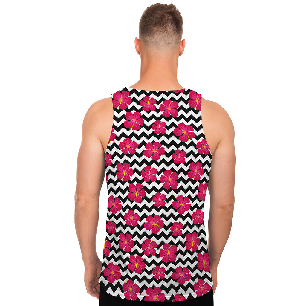 Pink Hibiscus Zigzag Pattern Print Men's Tank Top