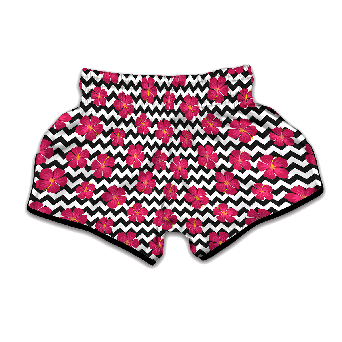 Pink Hibiscus Zigzag Pattern Print Muay Thai Boxing Shorts
