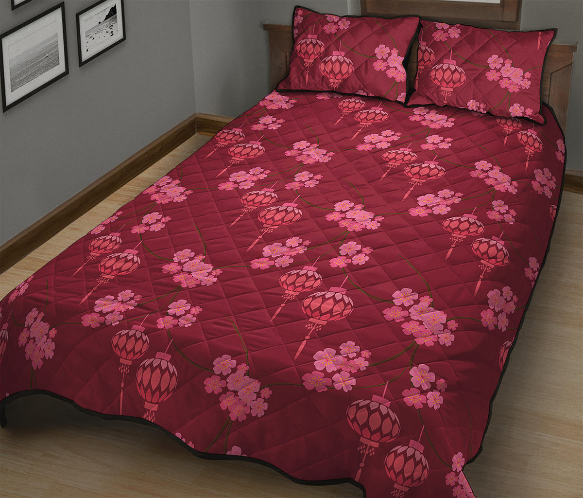 Pink Japanese Lantern Pattern Print Quilt Bed Set