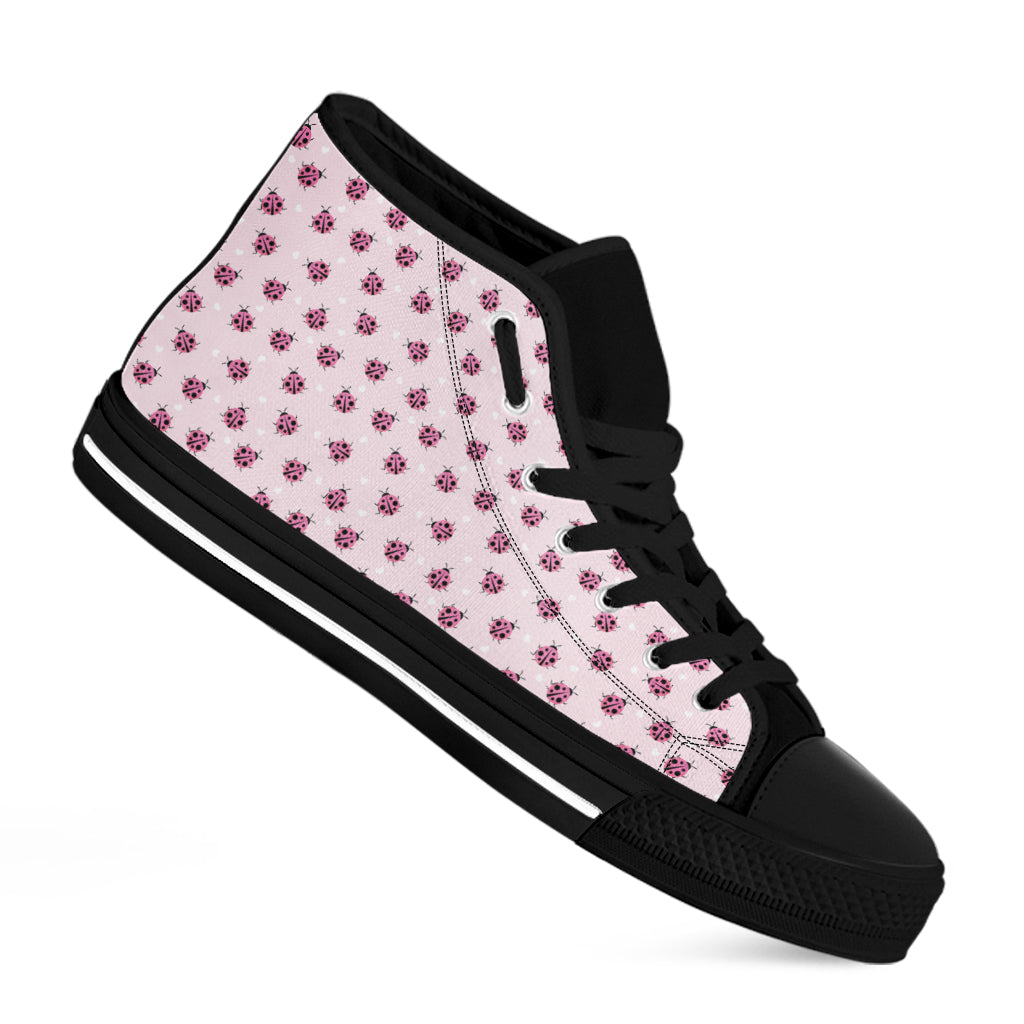 Pink Ladybug Pattern Print Black High Top Shoes