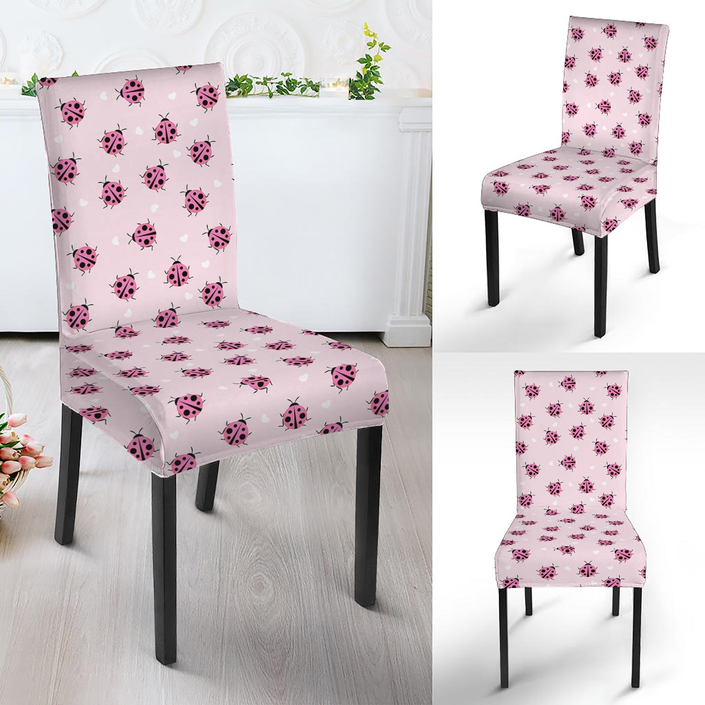 Pink Ladybug Pattern Print Dining Chair Slipcover