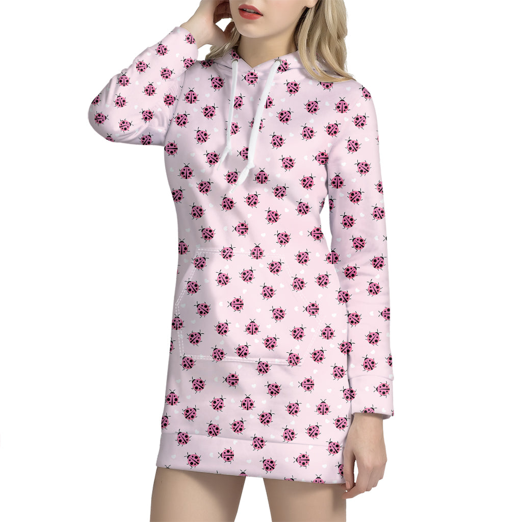 Pink Ladybug Pattern Print Hoodie Dress