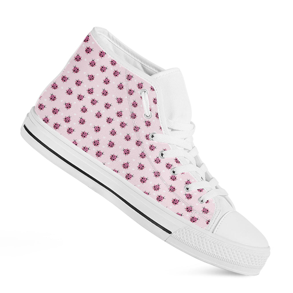 Pink Ladybug Pattern Print White High Top Shoes