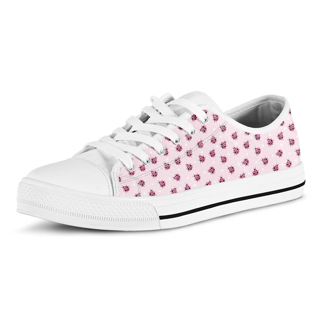 Pink Ladybug Pattern Print White Low Top Shoes