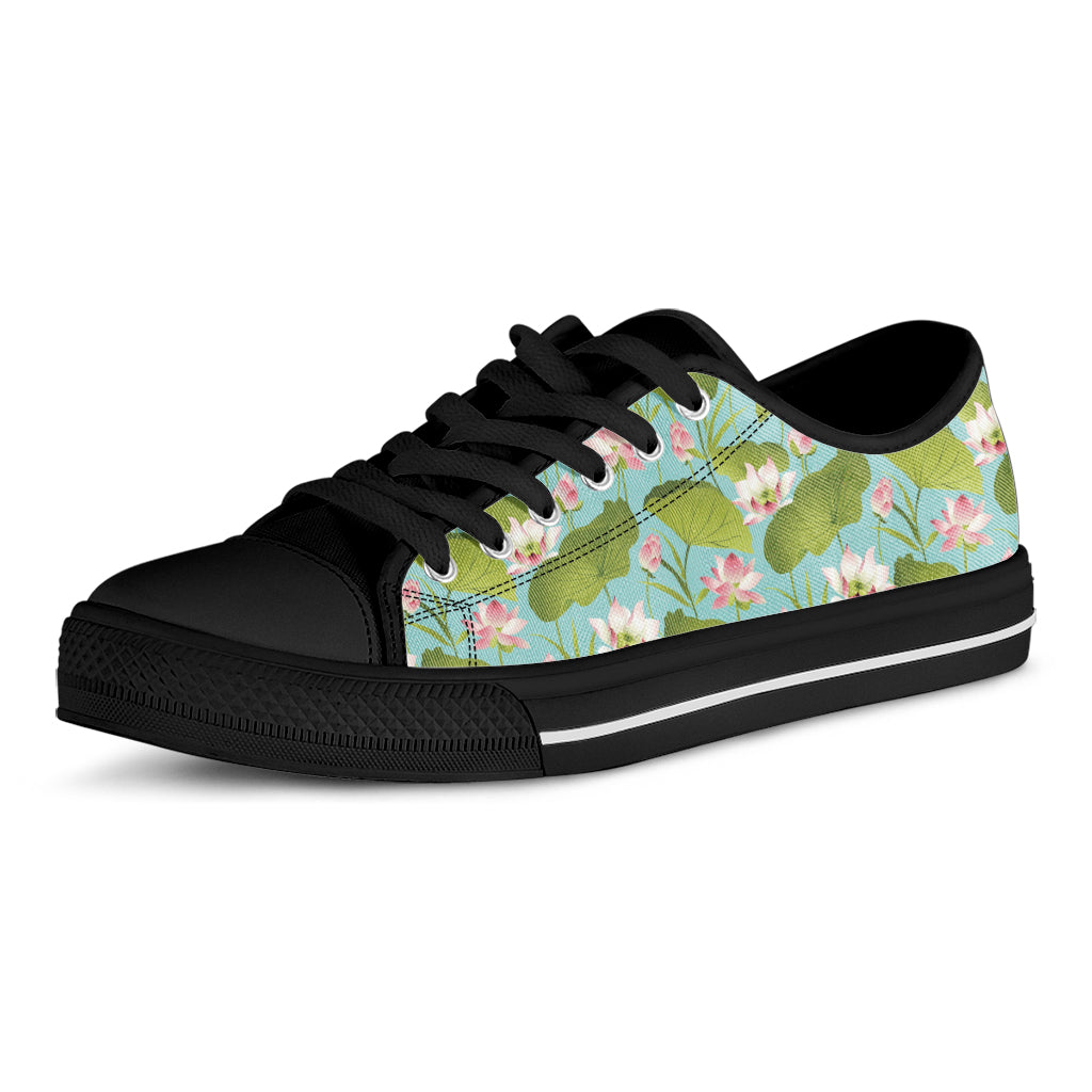 Pink Lotus Pattern Print Black Low Top Shoes