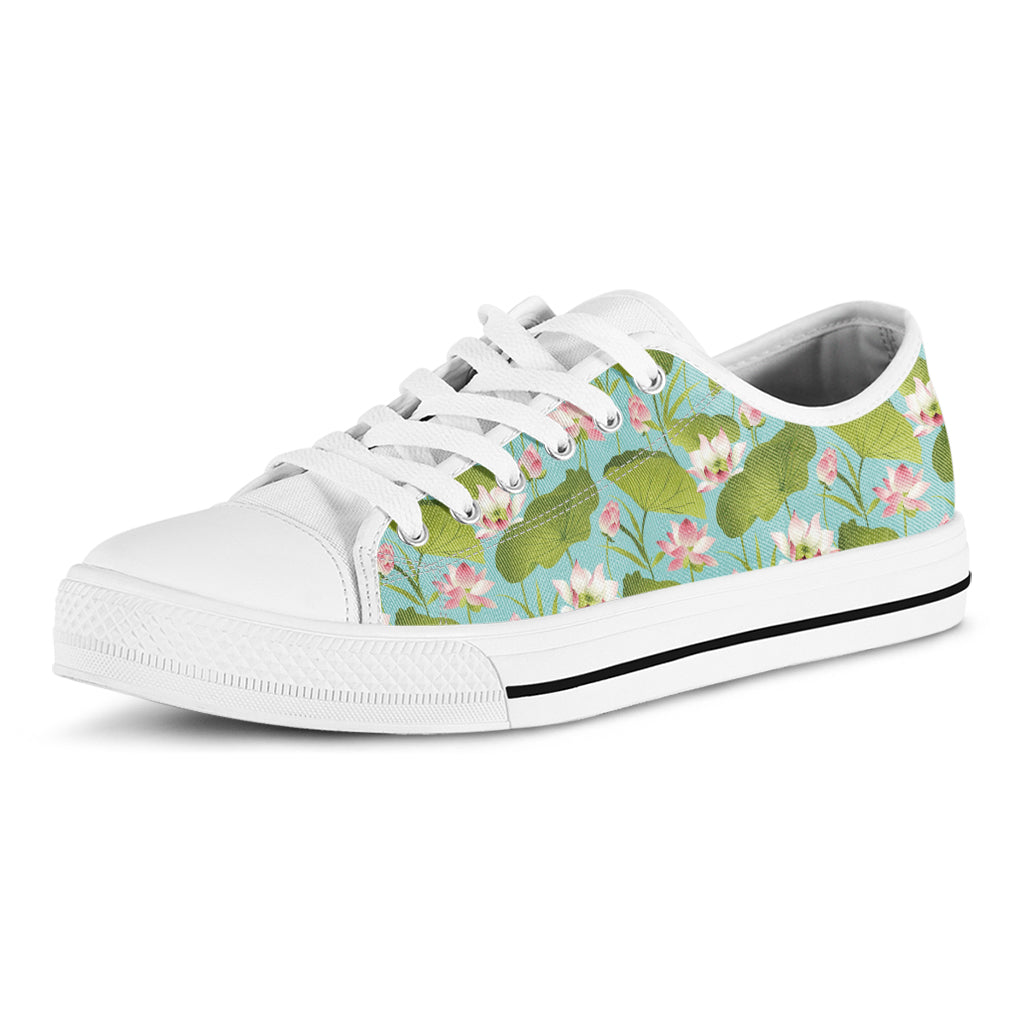 Pink Lotus Pattern Print White Low Top Shoes