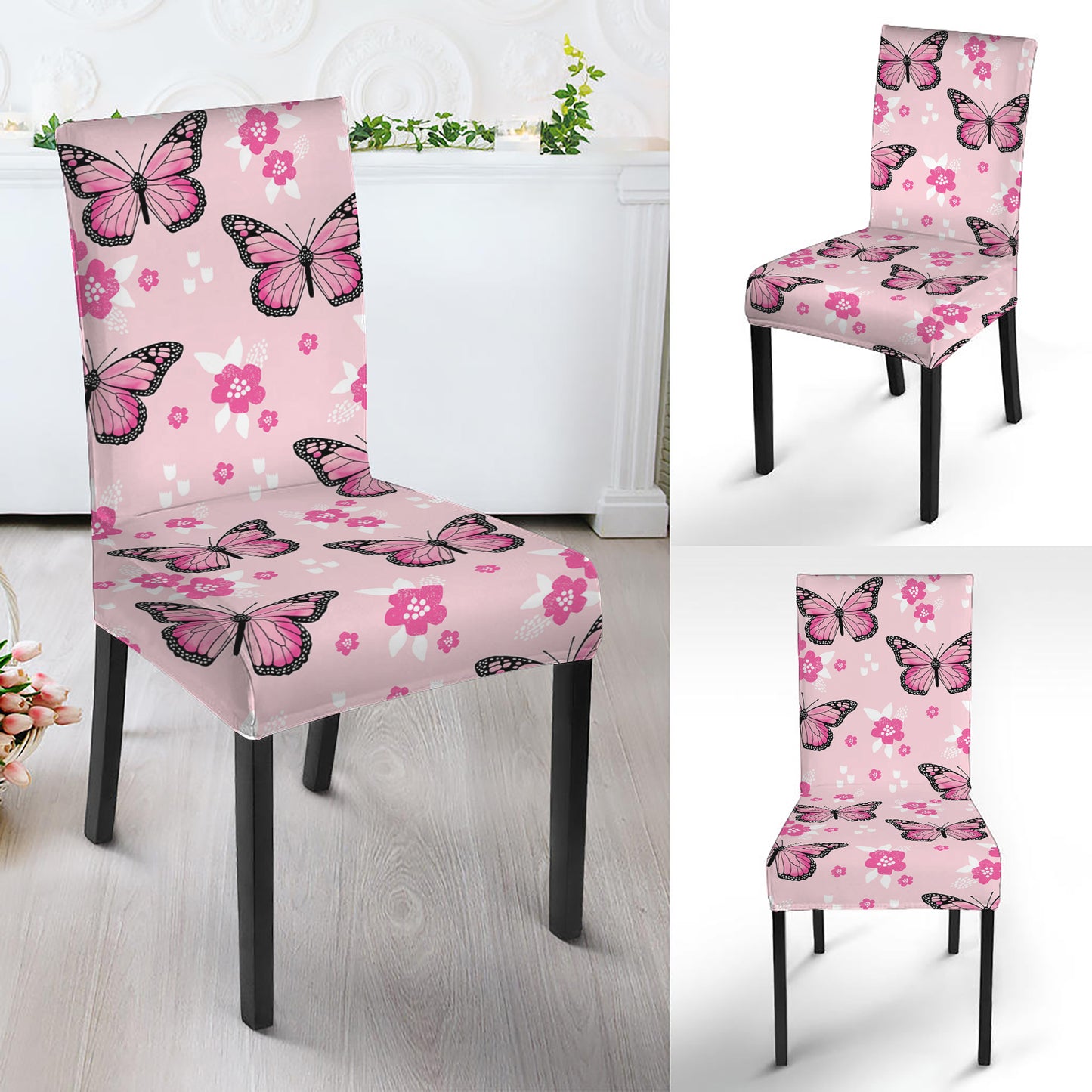 Pink Monarch Butterfly Pattern Print Dining Chair Slipcover