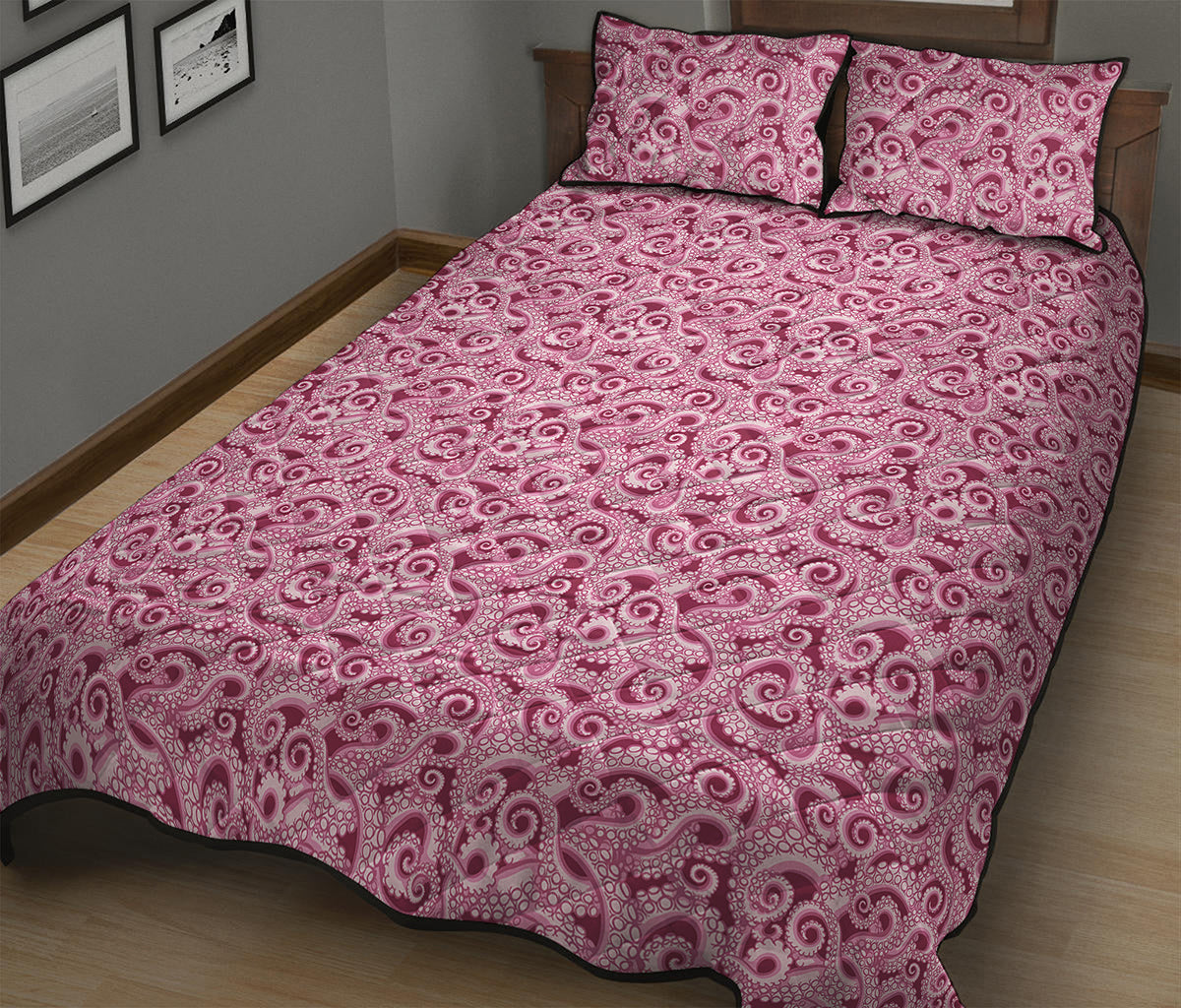 Pink Octopus Tentacles Pattern Print Quilt Bed Set